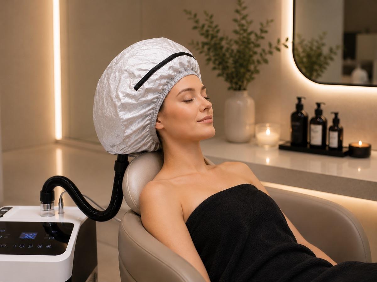 A guest receiving scalp treatment under the studio's water arch during the Gina K Premium Dandruff Treatment