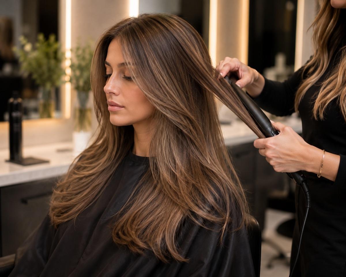 A specialist finishing a guest's textured blowout with a flat iron at Gina's K Head Spa